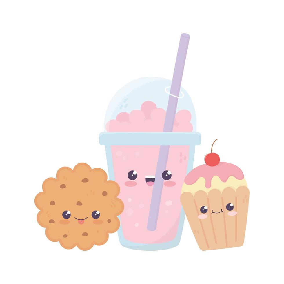 cute milkshake cookie cupcake kawaii cartoon character vector