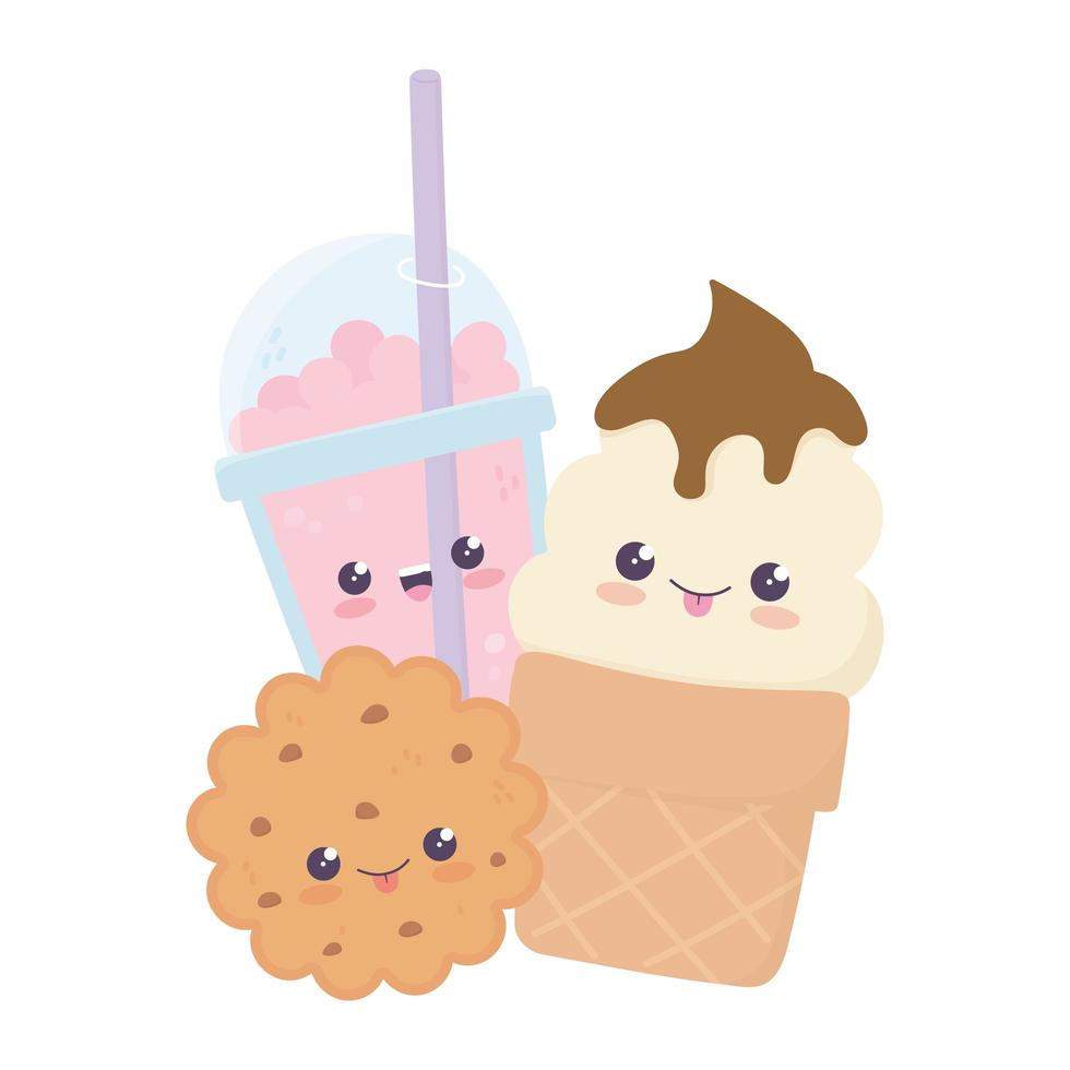 cute ice cream cookie and frappe kawaii cartoon character vector