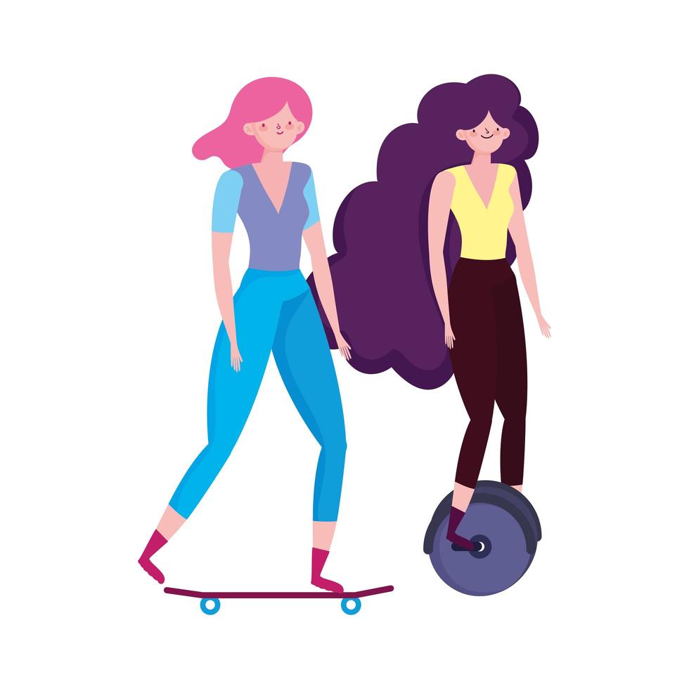 Transporte ecológico, mujeres en monociclo y patineta. vector