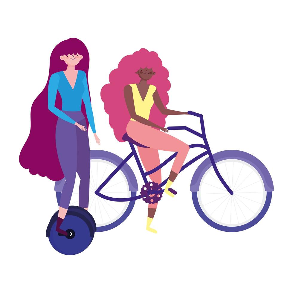 Transporte ecológico, mujeres con monociclo y personajes de dibujos animados en bicicleta. vector