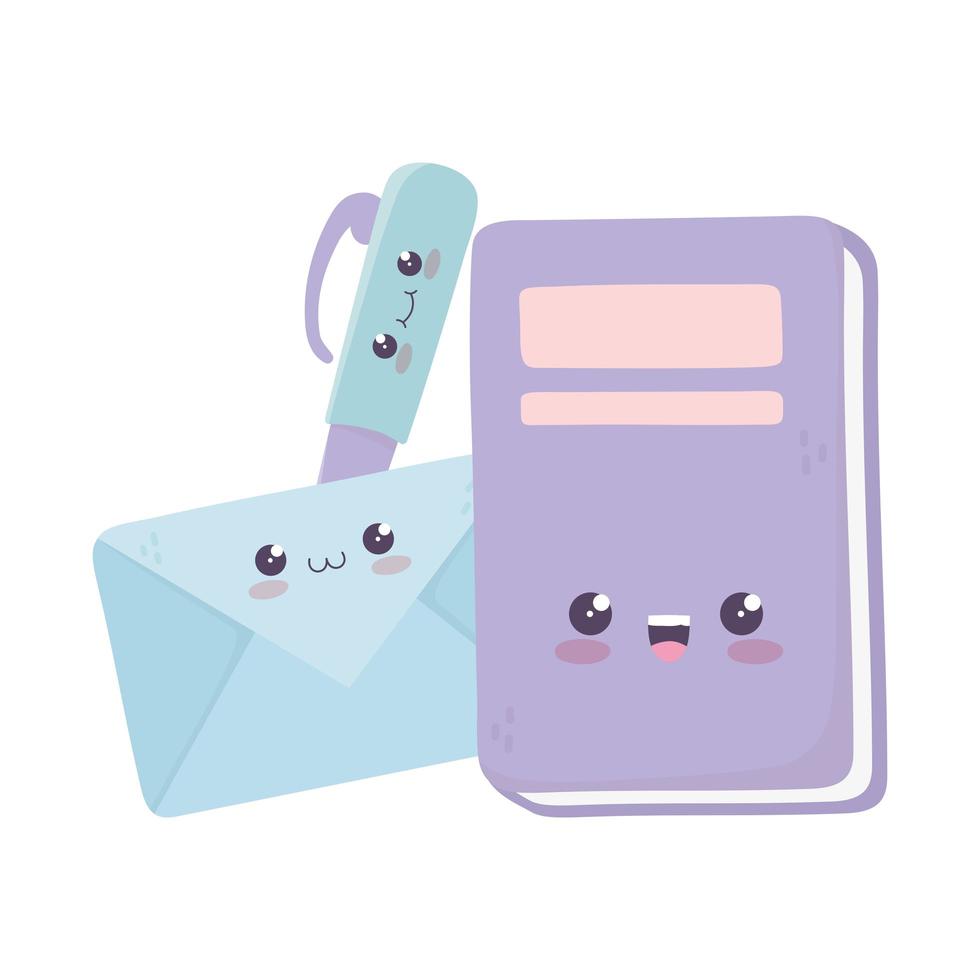 cute book envelope and pen kawaii cartoon character vector