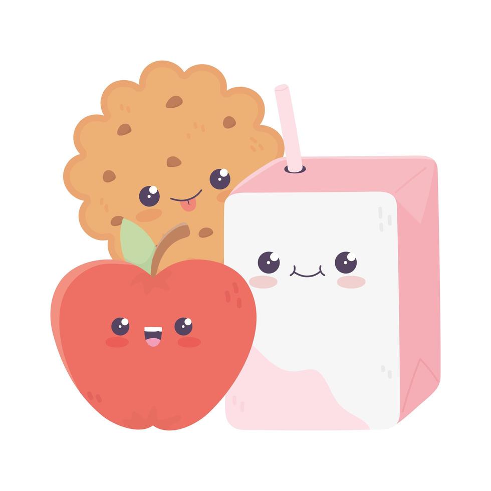 Linda caja de jugo de galleta y personaje de dibujos animados de apple kawaii vector