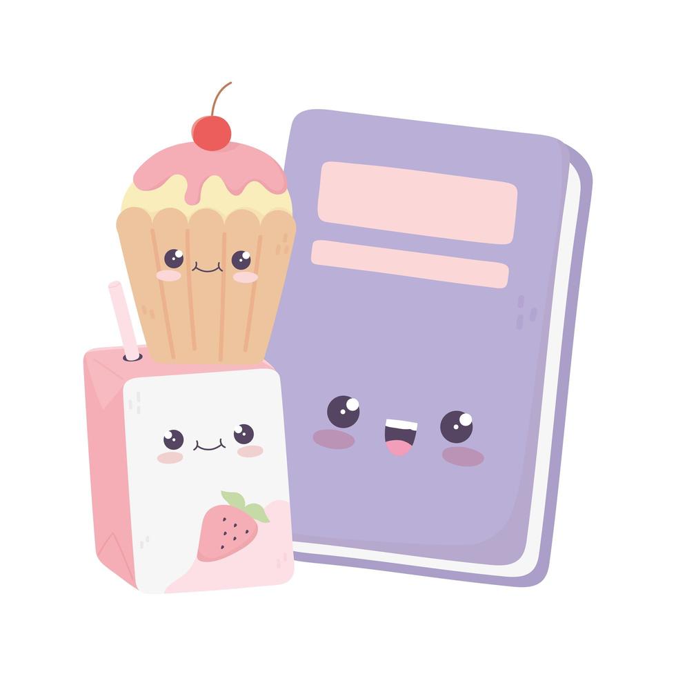 Lindo libro cupcake y jugo de caja kawaii personaje de dibujos animados vector