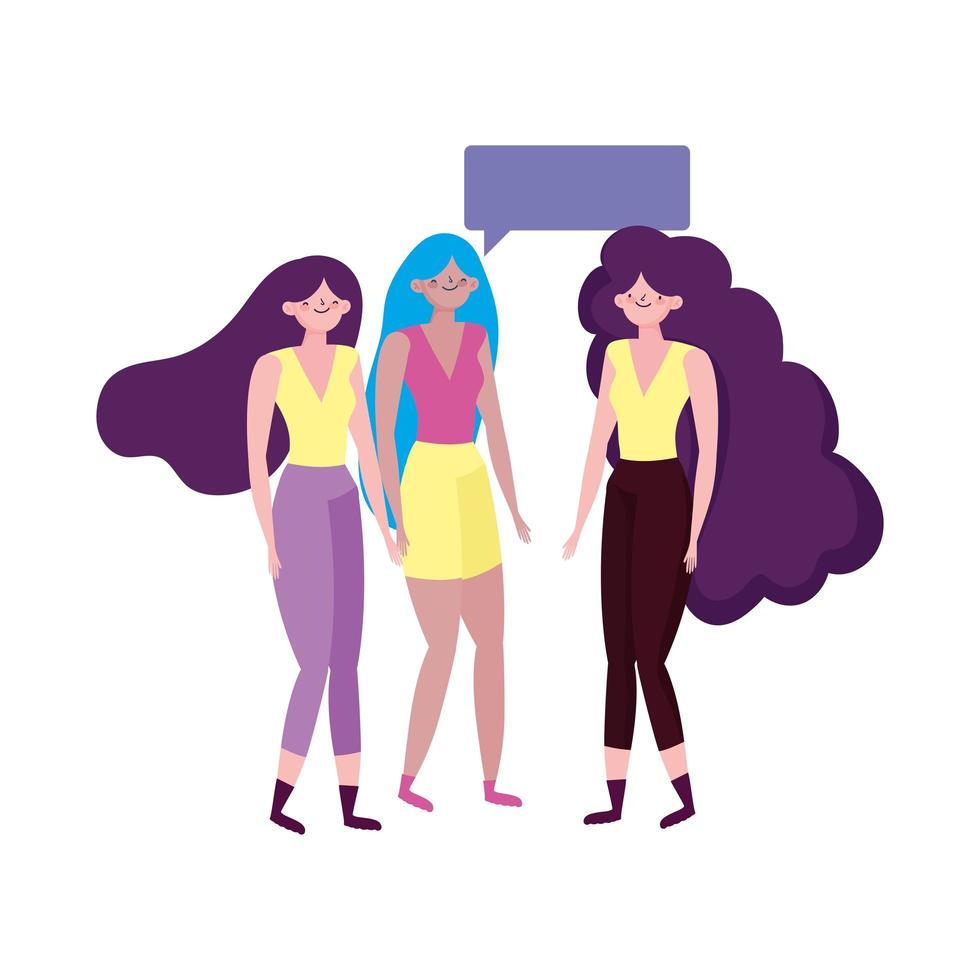 grupo de mujeres jóvenes personajes hablando burbuja diseño aislado vector