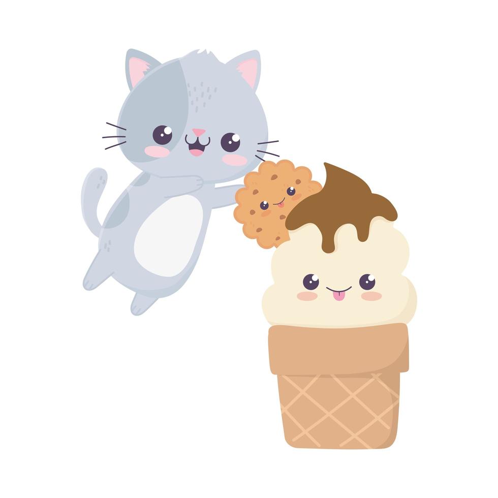 Lindo gato helado y cookie personaje de dibujos animados kawaii vector