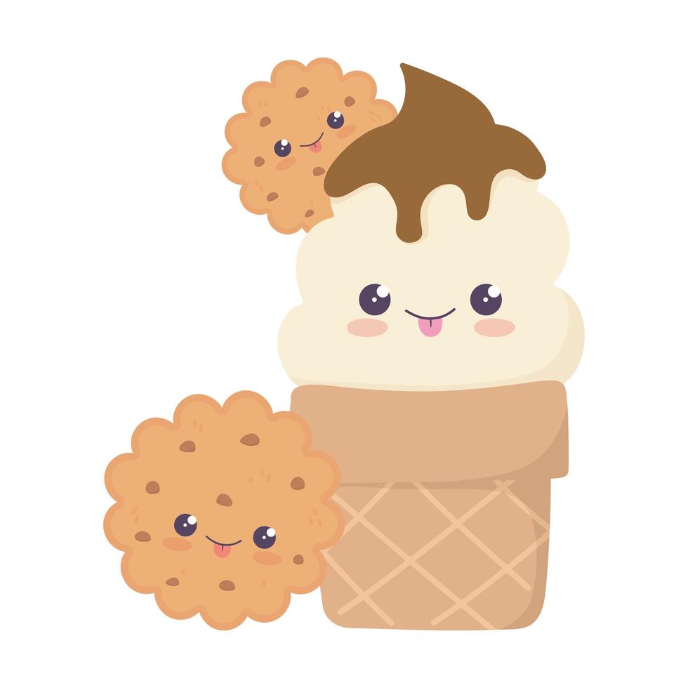 Lindo cono de helado y galletas kawaii personaje de dibujos animados vector