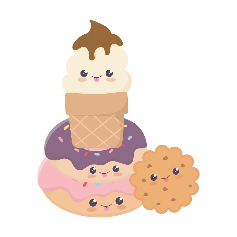 cute sweet donut cookie ice cream kawaii cartoon character vector
