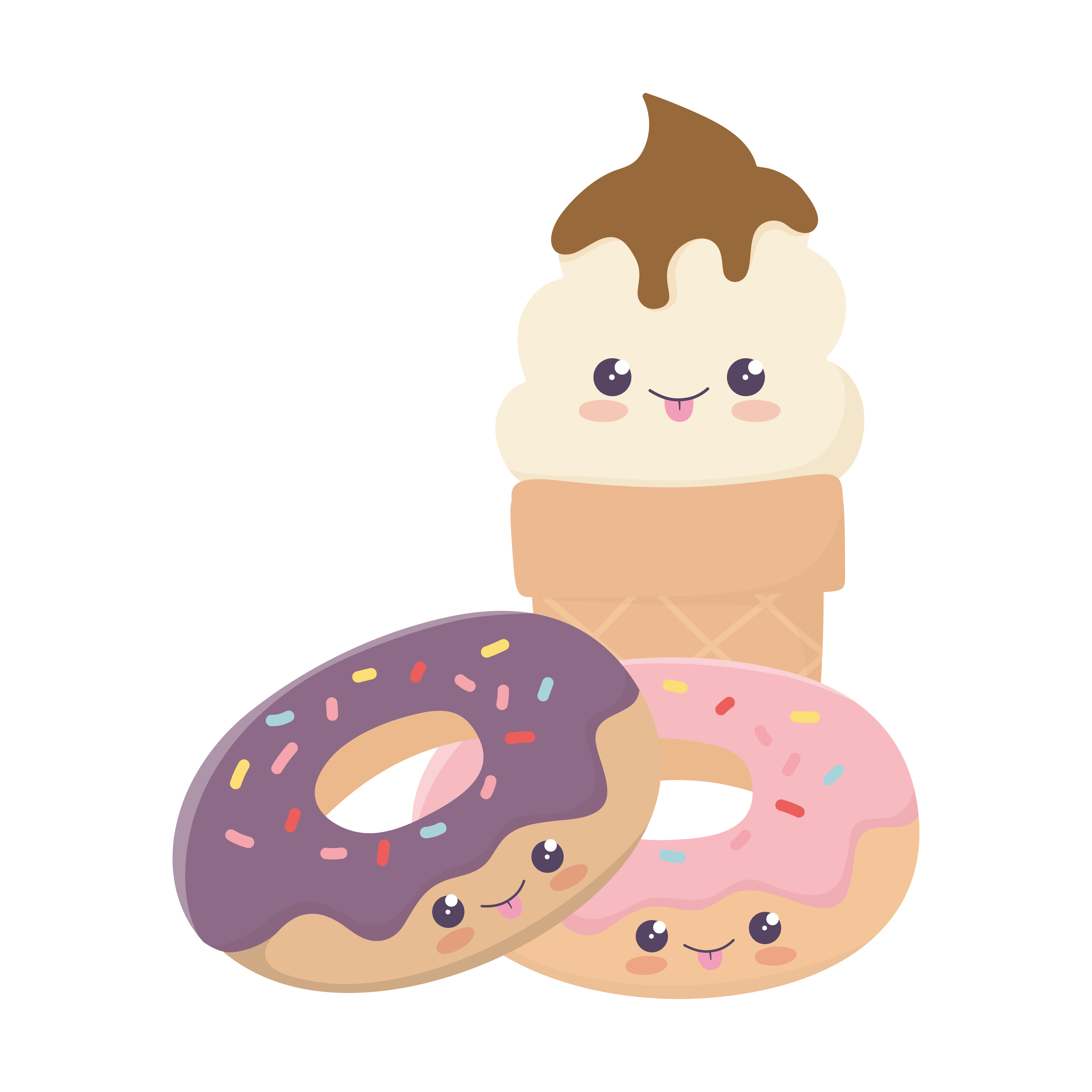 Cute Sweet Donuts And Ice Cream Kawaii Cartoon Character Vector Art At Vecteezy