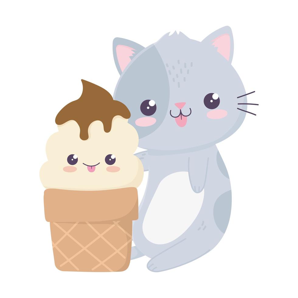 cute little cat with ice cream kawaii cartoon character vector