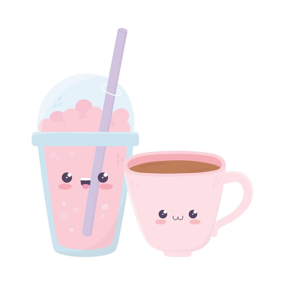 Linda taza de café y batido kawaii personaje de dibujos animados vector