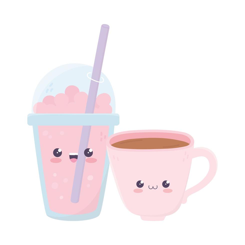 cute coffee cup and milkshake kawaii cartoon character vector