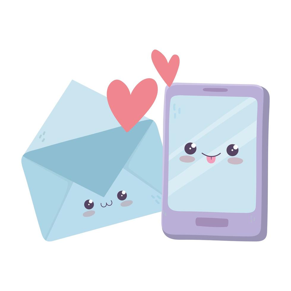 Lindo teléfono inteligente y corazones de correo aman el personaje de dibujos animados kawaii vector