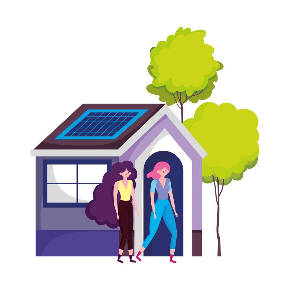 eco amigable, mujer casa ecológica con panel solar energía sostenible vector