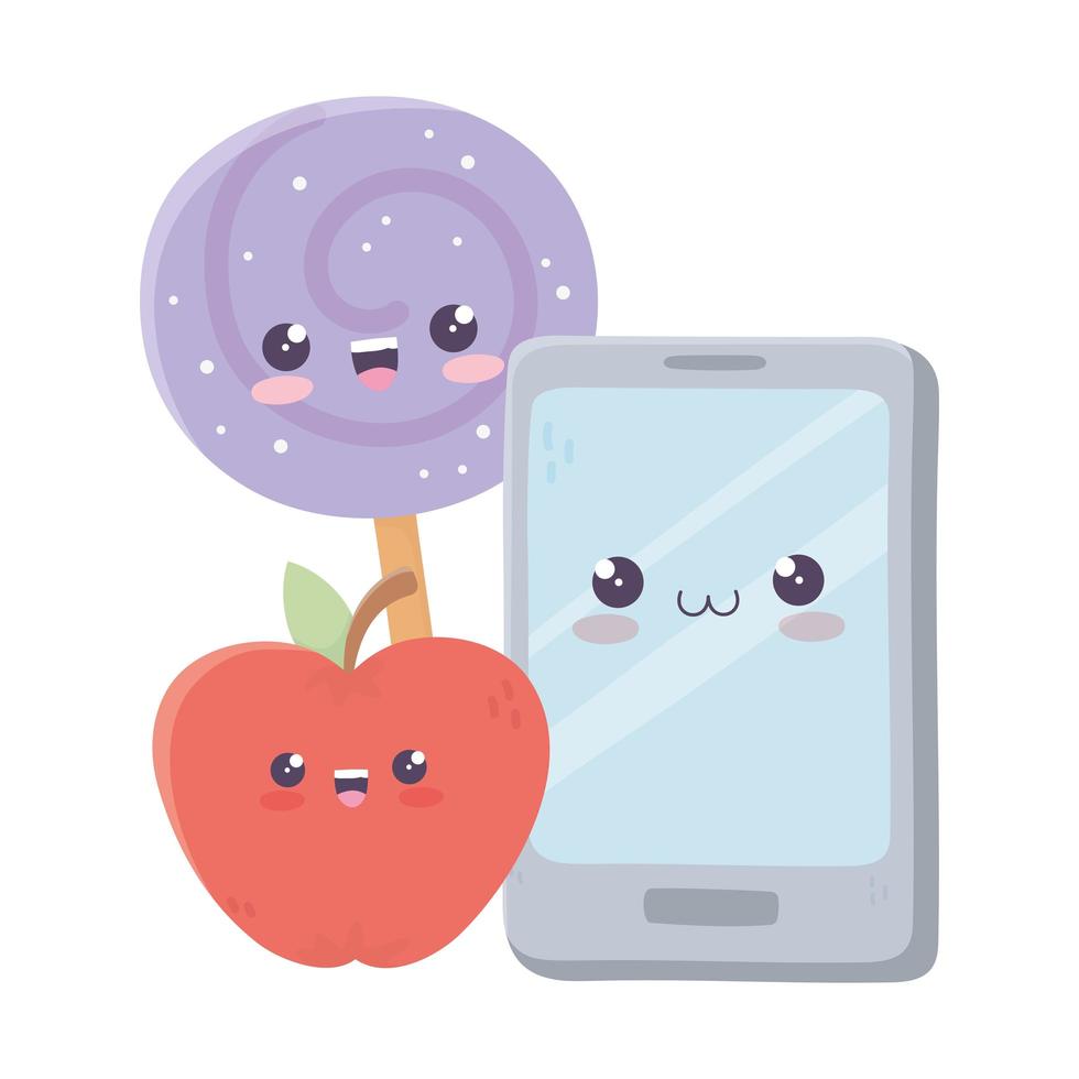 cute smartphone apple and candy kawaii cartoon character vector