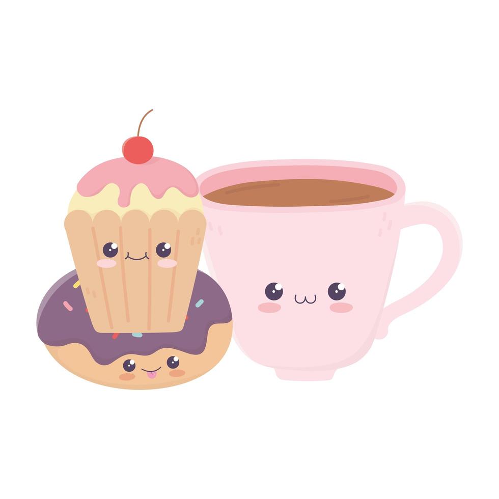 Linda taza de café donut y cupcake personaje de dibujos animados kawaii vector