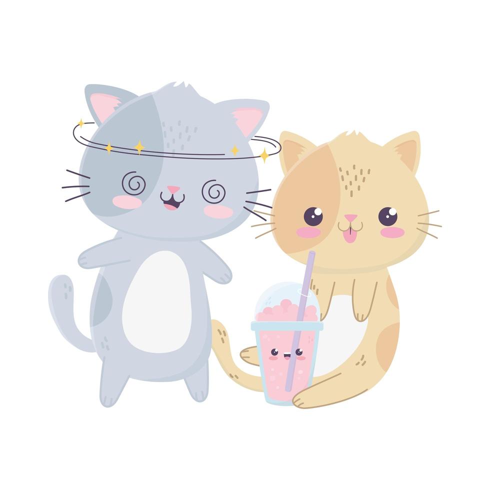 cute crazy gray cat and kitty with milkshake kawaii cartoon character vector