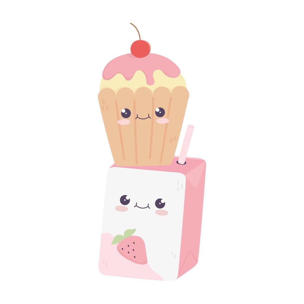 cute juice box and cupcake kawaii cartoon character vector