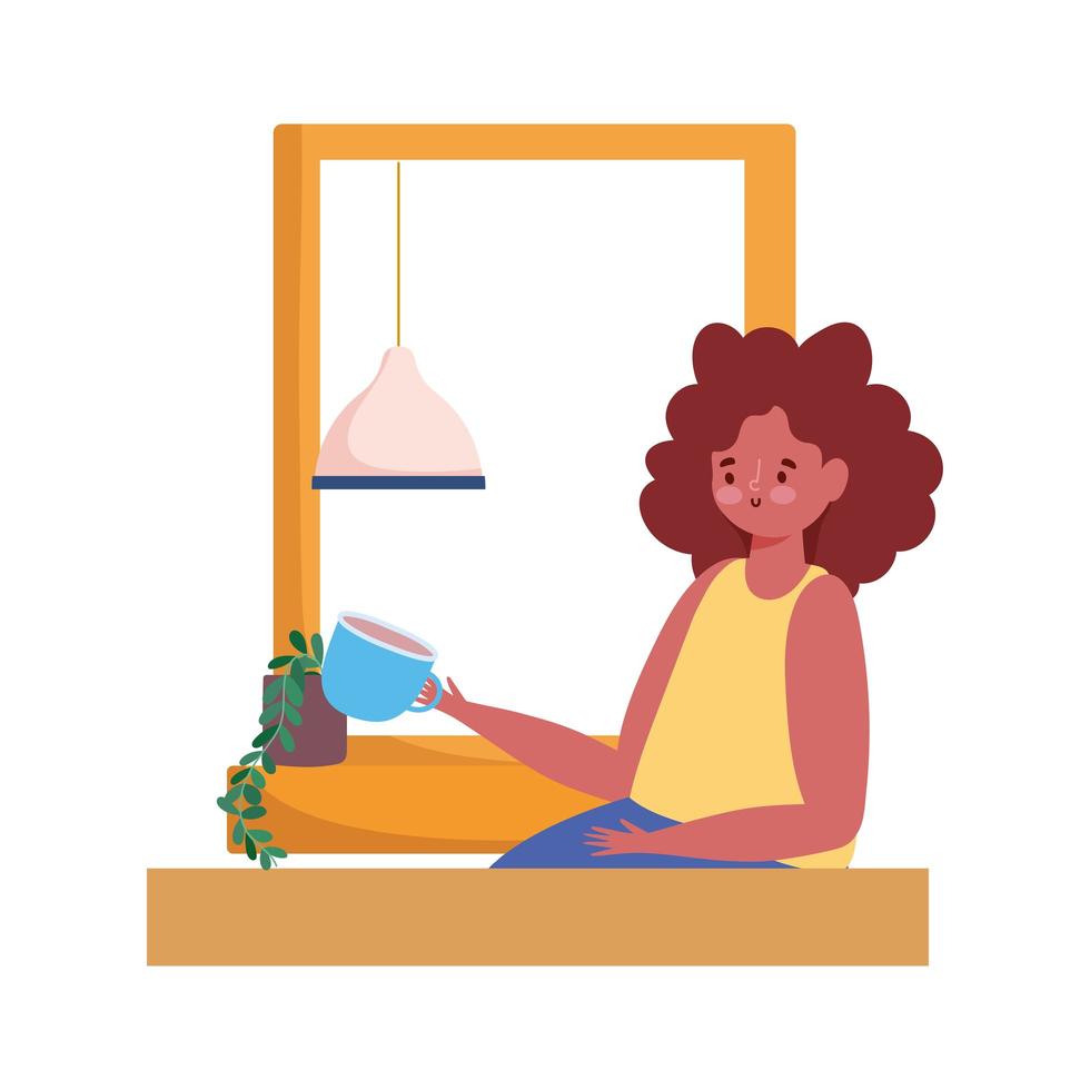 mujer tomando café en la ventana solo dibujos animados vector