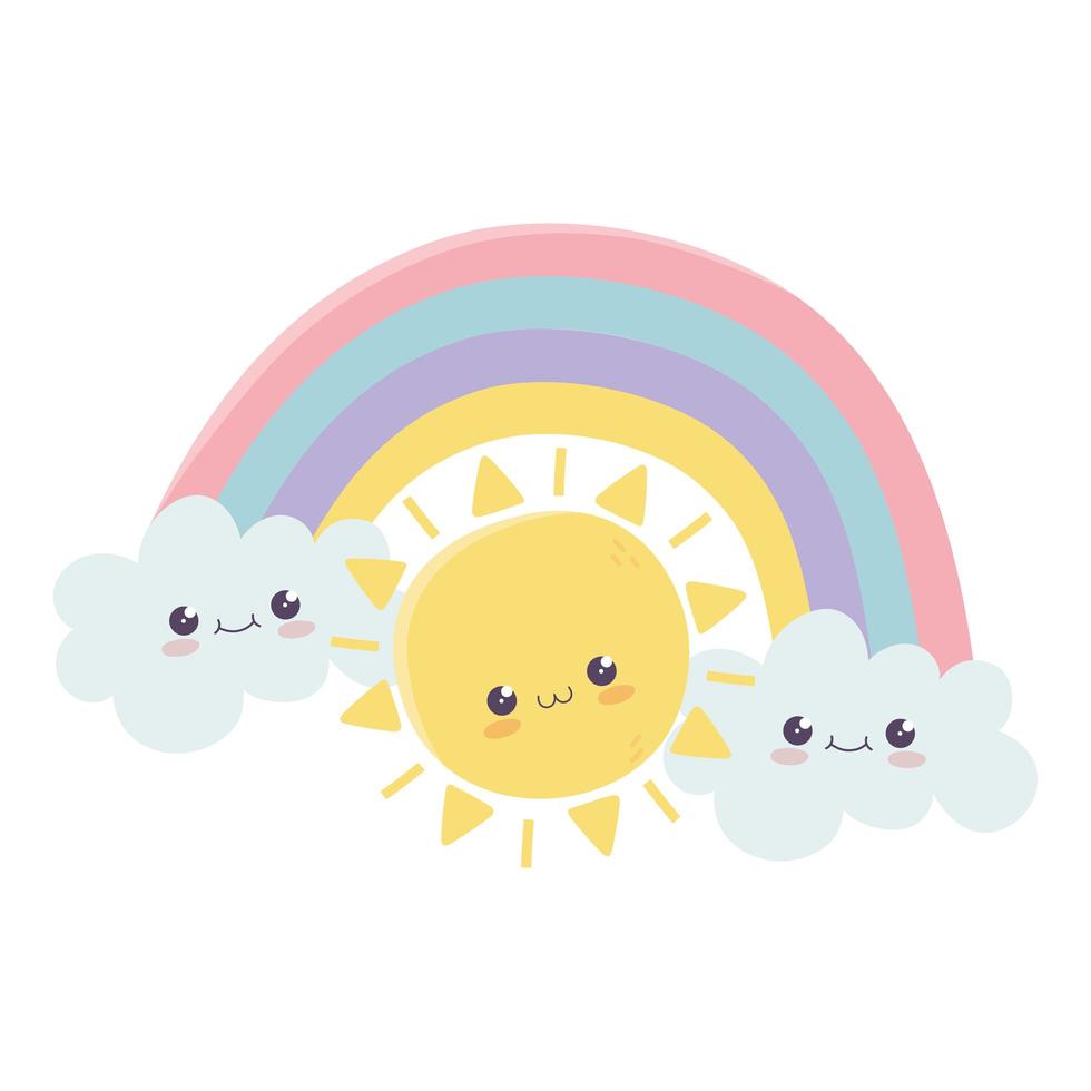 cute sun rainbow clouds hello kawaii cartoon character vector