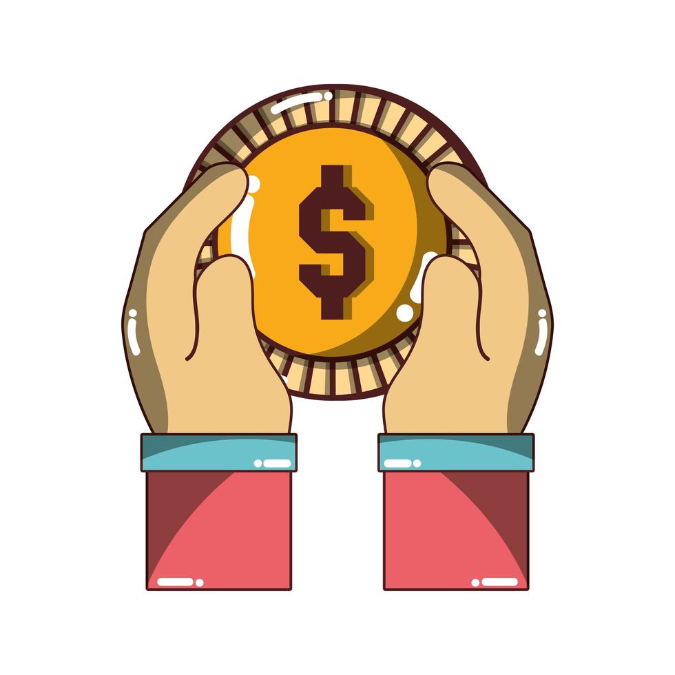 Mano sujetando la moneda de dólar icono de dinero diseño aislado sombra vector