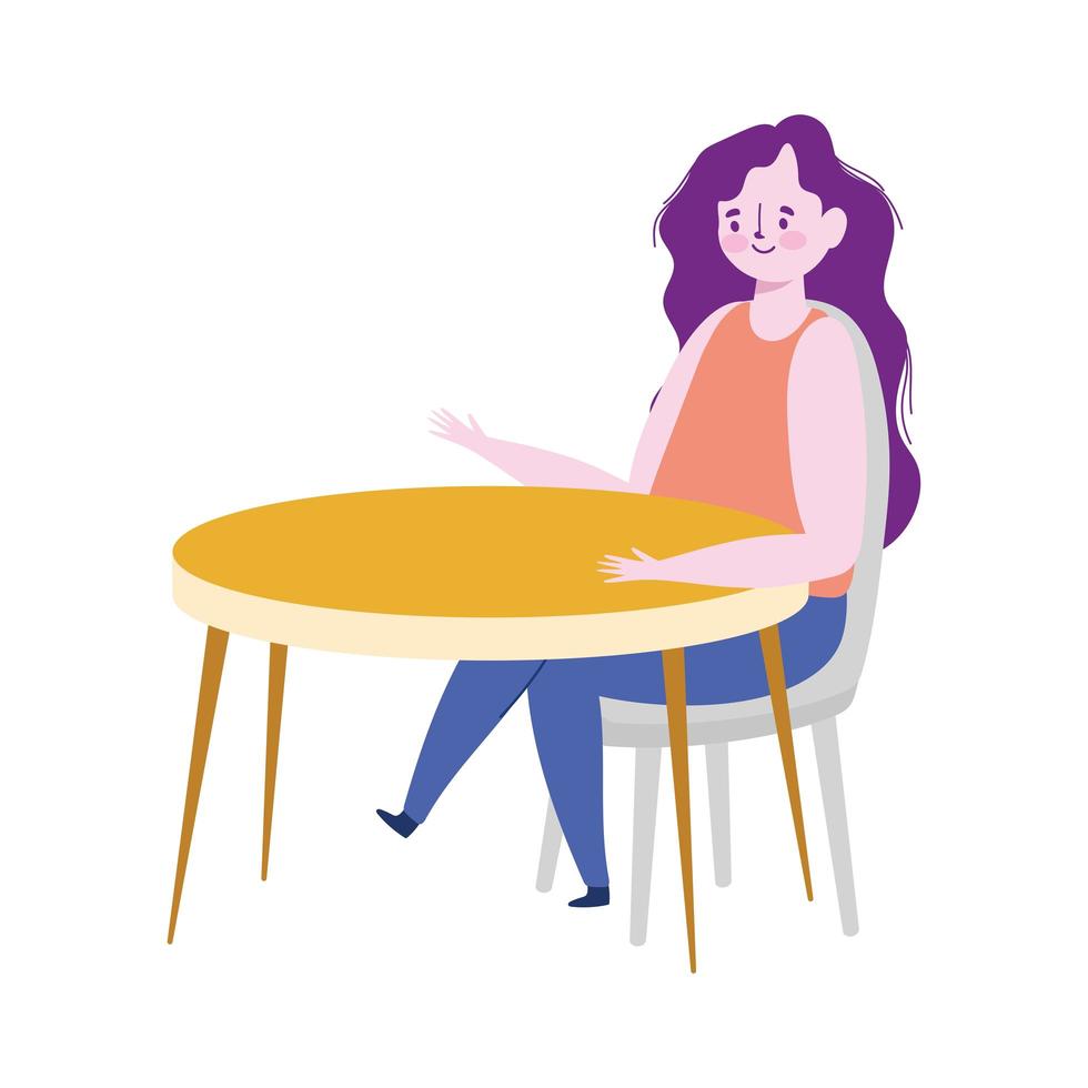 mujer sentada a la mesa, restaurante mantener distancia, diseño aislado vector