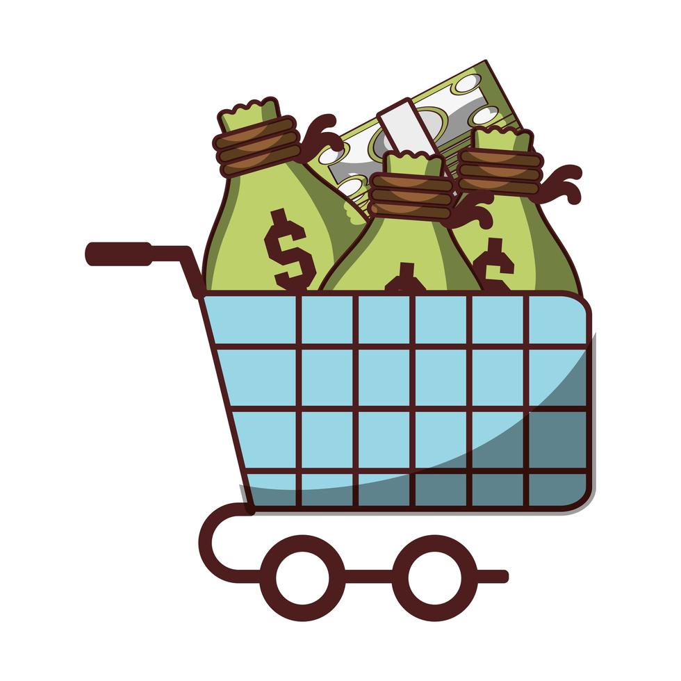 Carro de compras con bolsa de dinero y billetes icono diseño aislado sombra vector