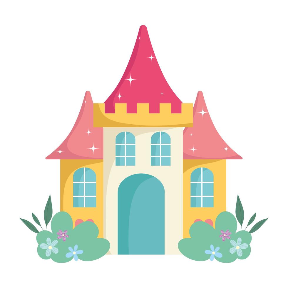 Castillo de dibujos animados flores de cuento de hadas diseño de icono aislado vector