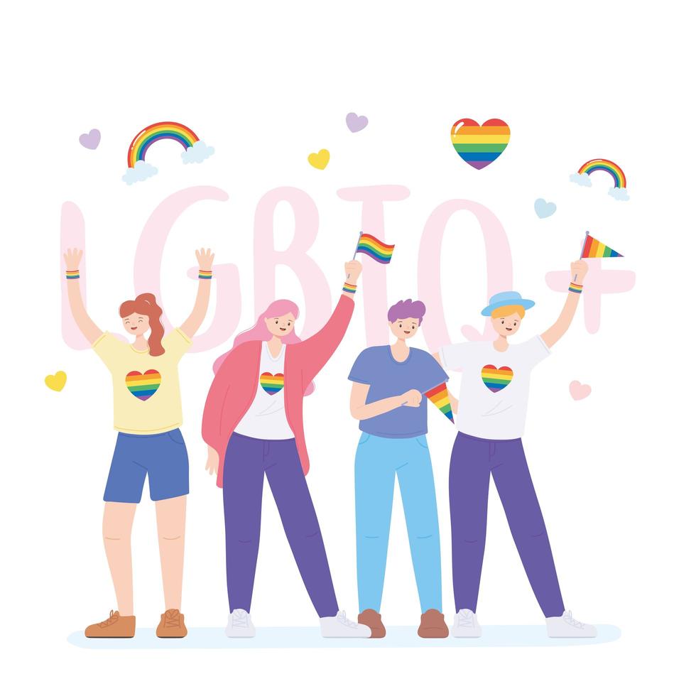 LGBTQ community, activists participating in lgbtq pride with rainbow flags vector