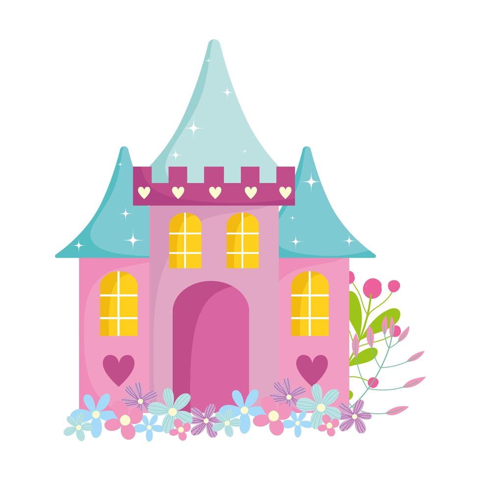 Castillo de dibujos animados flores de cuento de hadas corazones decoración diseño de icono aislado vector