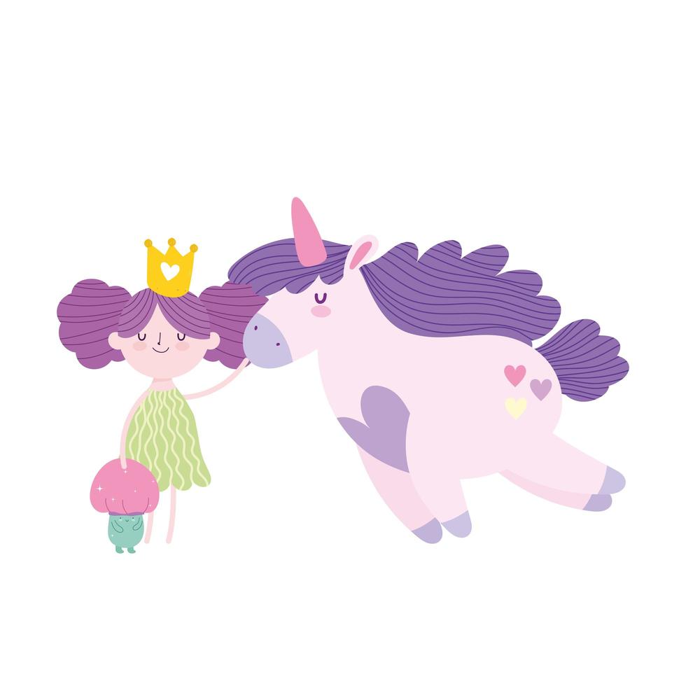 pequeña princesa de hadas lindo unicornio cuento de setas dibujos animados vector