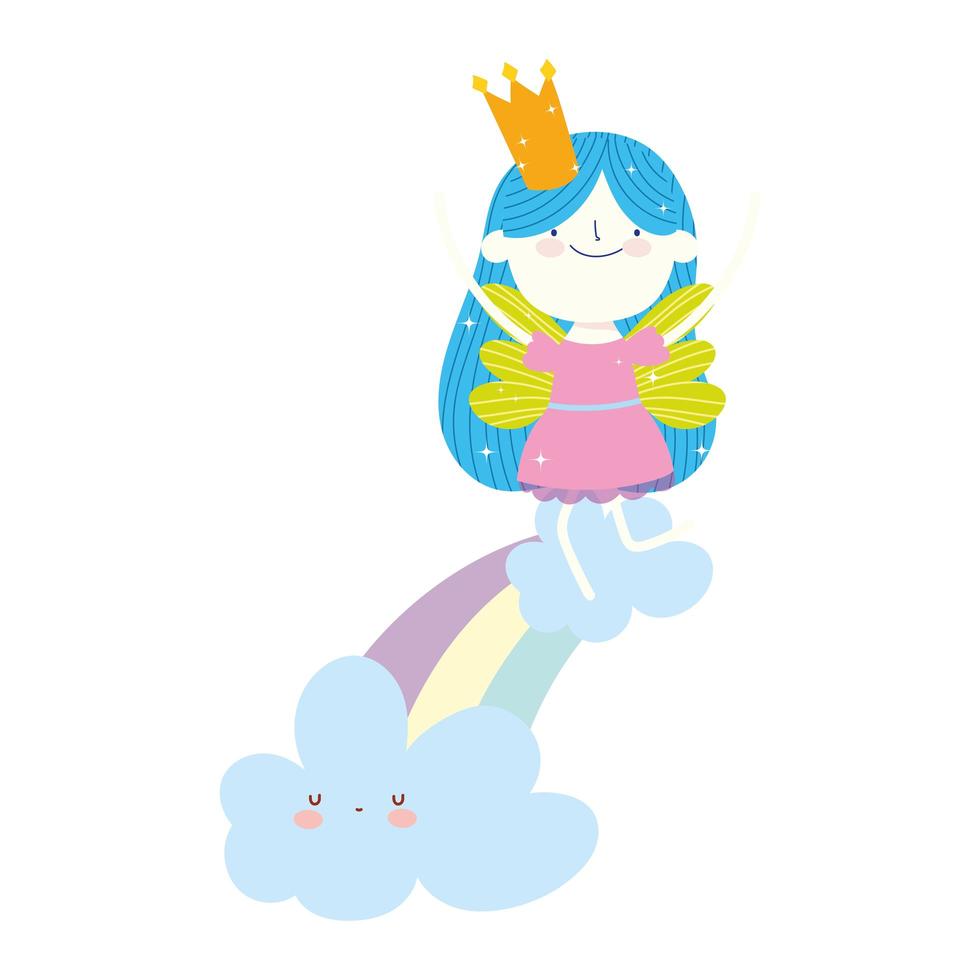 linda pequeña hada con corona de pie en dibujos animados de arco iris vector