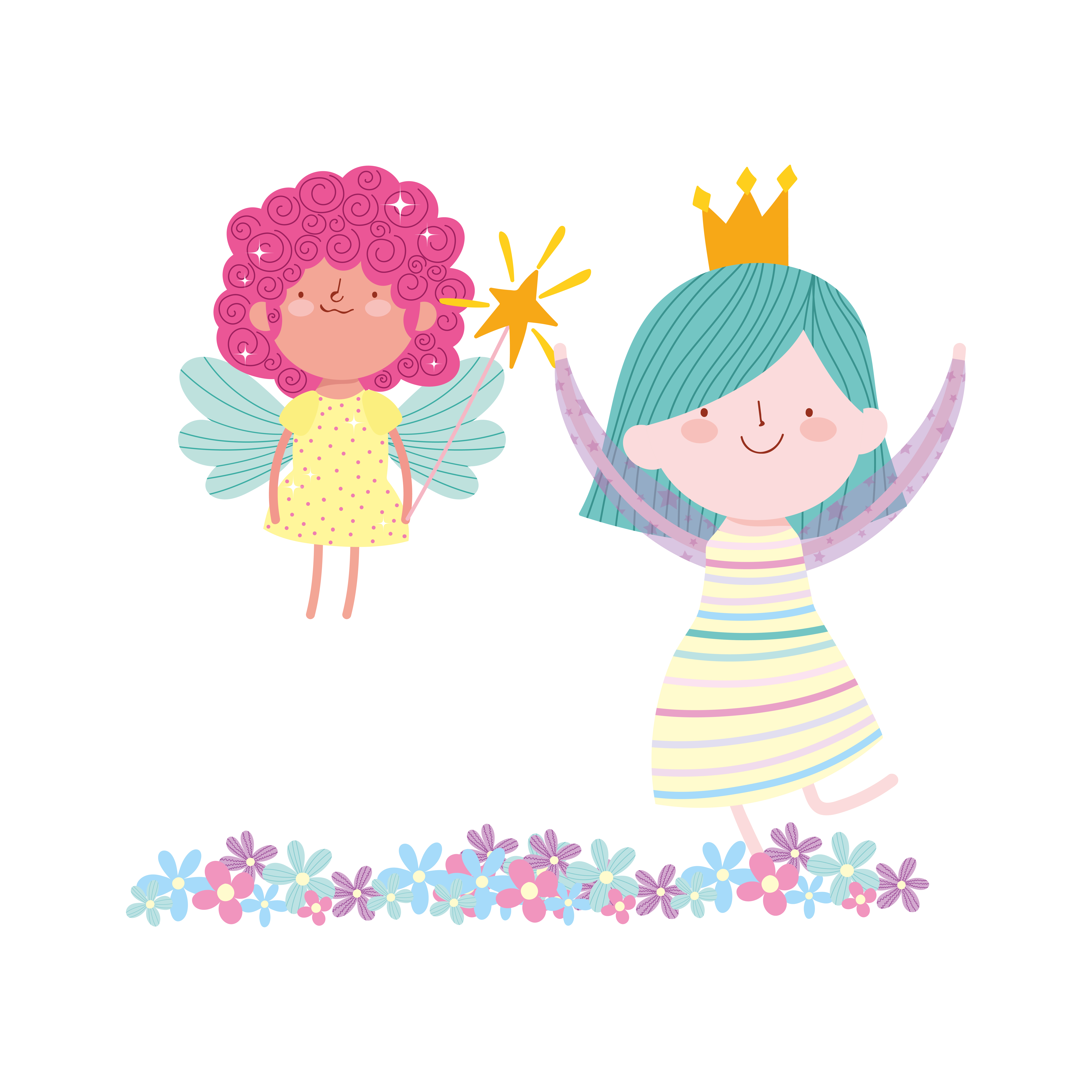 little fairy princess with magic wand and girl with crown flowers tale  cartoon 1847119 Vector Art at Vecteezy