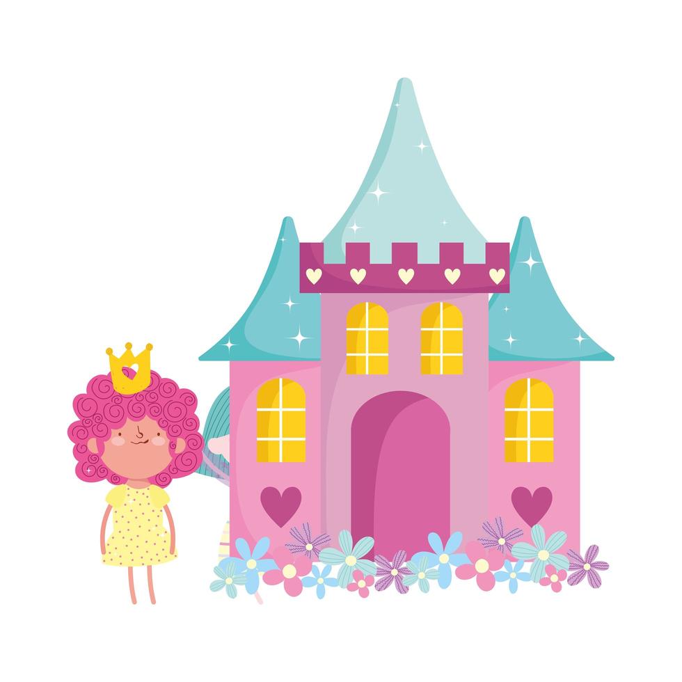 pequeña princesa de hadas con flores de castillo adorable cuento de dibujos animados vector