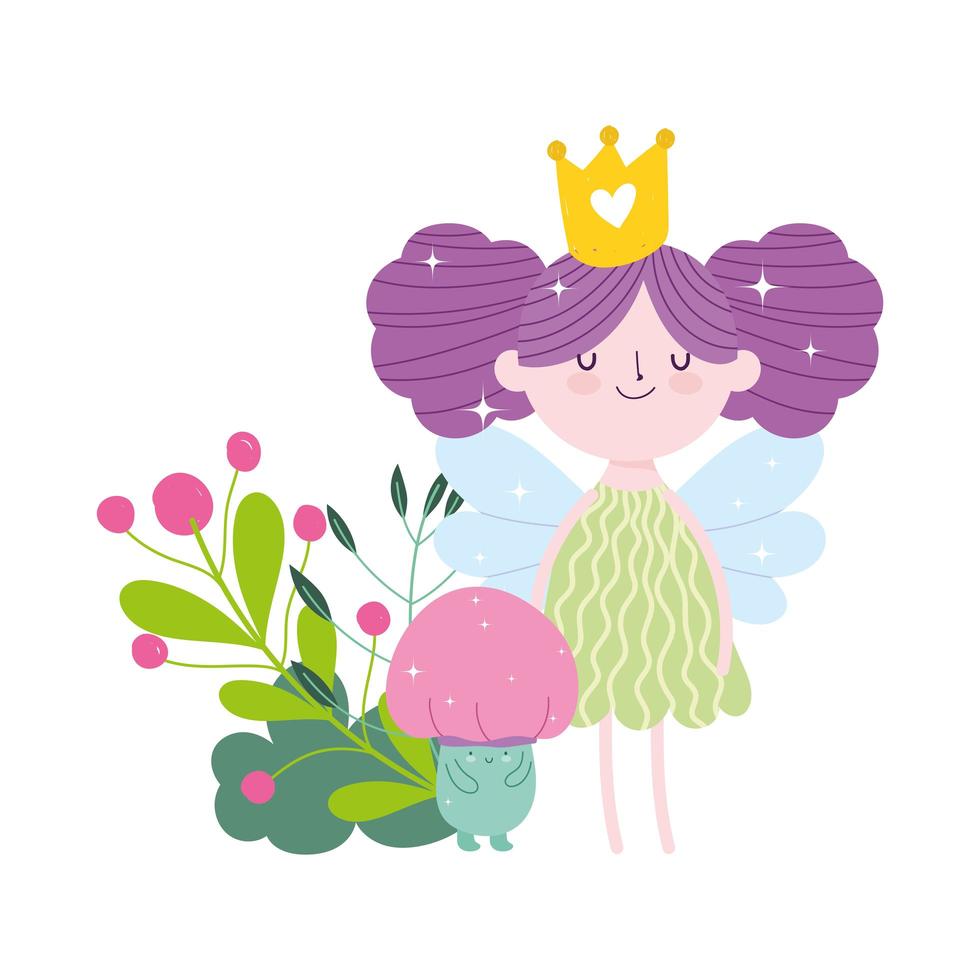 pequeña princesa de hadas con corona de setas arco iris árbol cuento dibujos animados vector