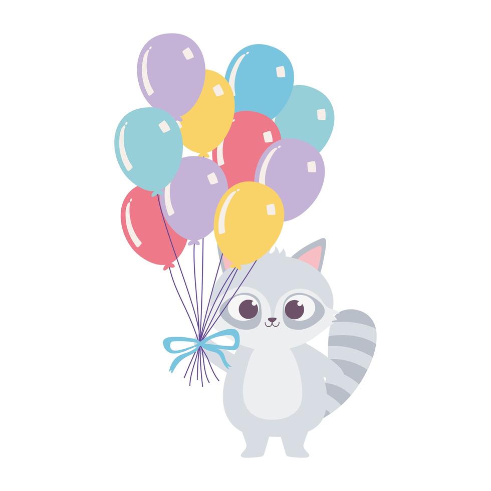 Lindo mapache con globos animal feliz cumpleaños icono de diseño aislado de dibujos animados vector