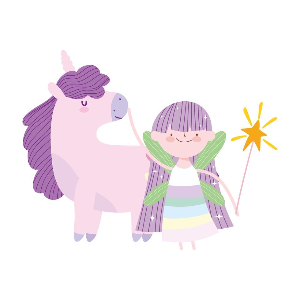 pequeña hada princesa unicornio magia cuento de fantasía dibujos animados vector