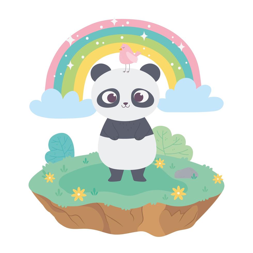 lindo panda con animales de aves adorables con flores y dibujos animados de arco iris vector