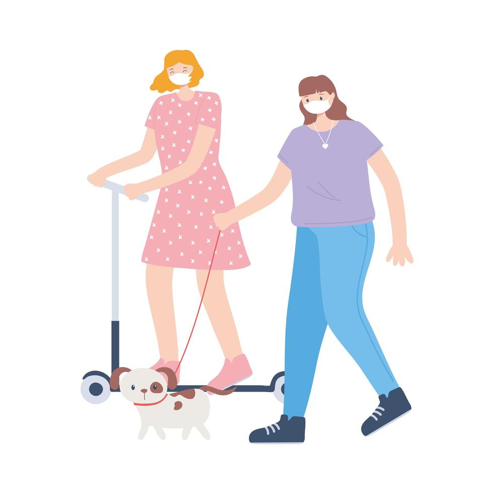 people with medical face mask, woman riding kick scooter and girl walking with dog, city activity during coronavirus vector