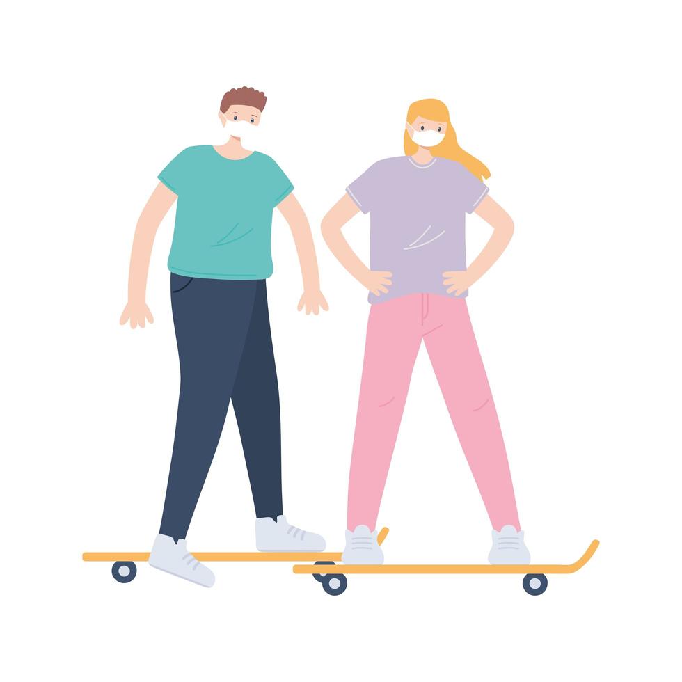 people with medical face mask, man and woman riding skate together, city activity during coronavirus vector