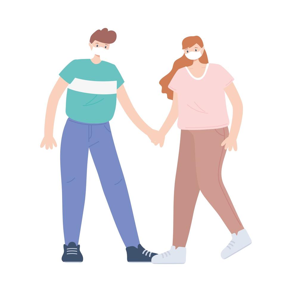 people with medical face mask, couple holding hands vector