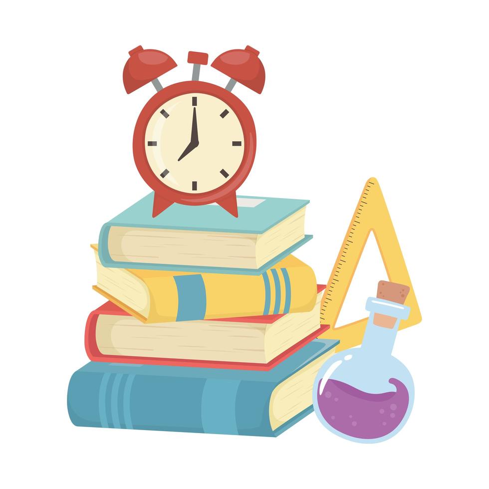 back to school, alarm clock on books test tube and ruler education cartoon vector