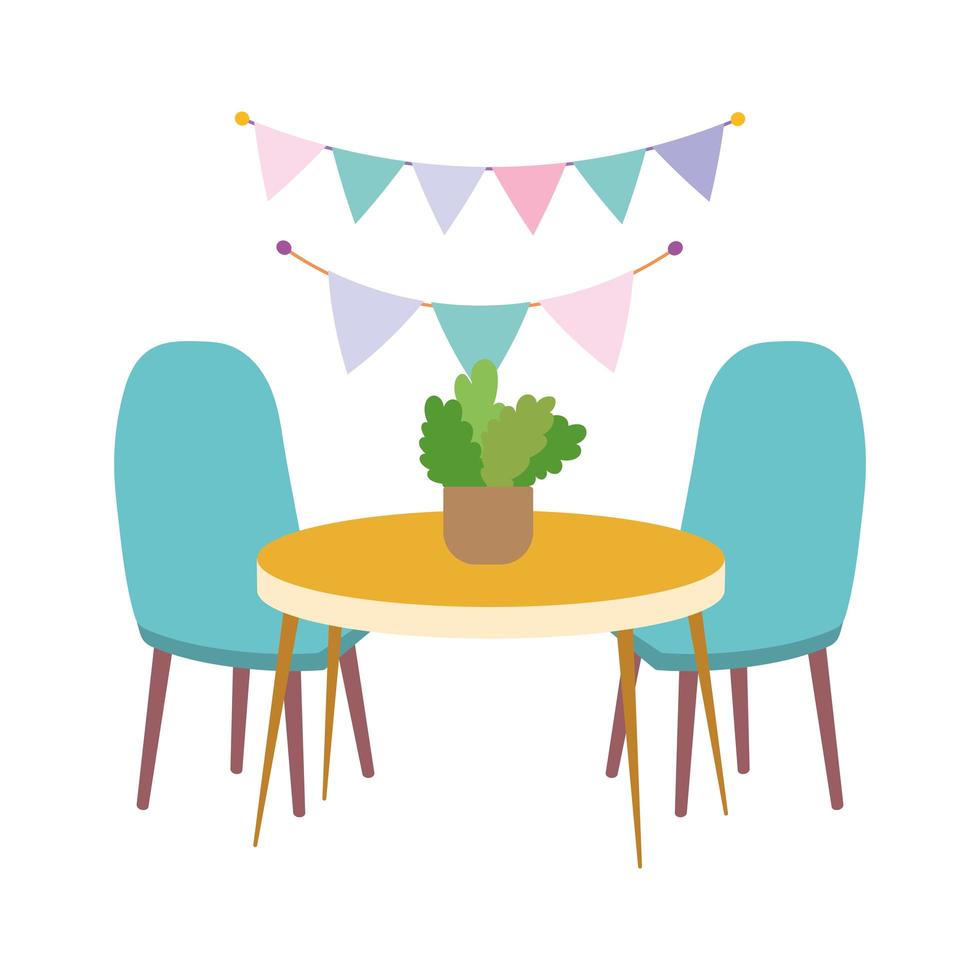 Sillas de mesa con icono de diseño de plantas y decoración. vector