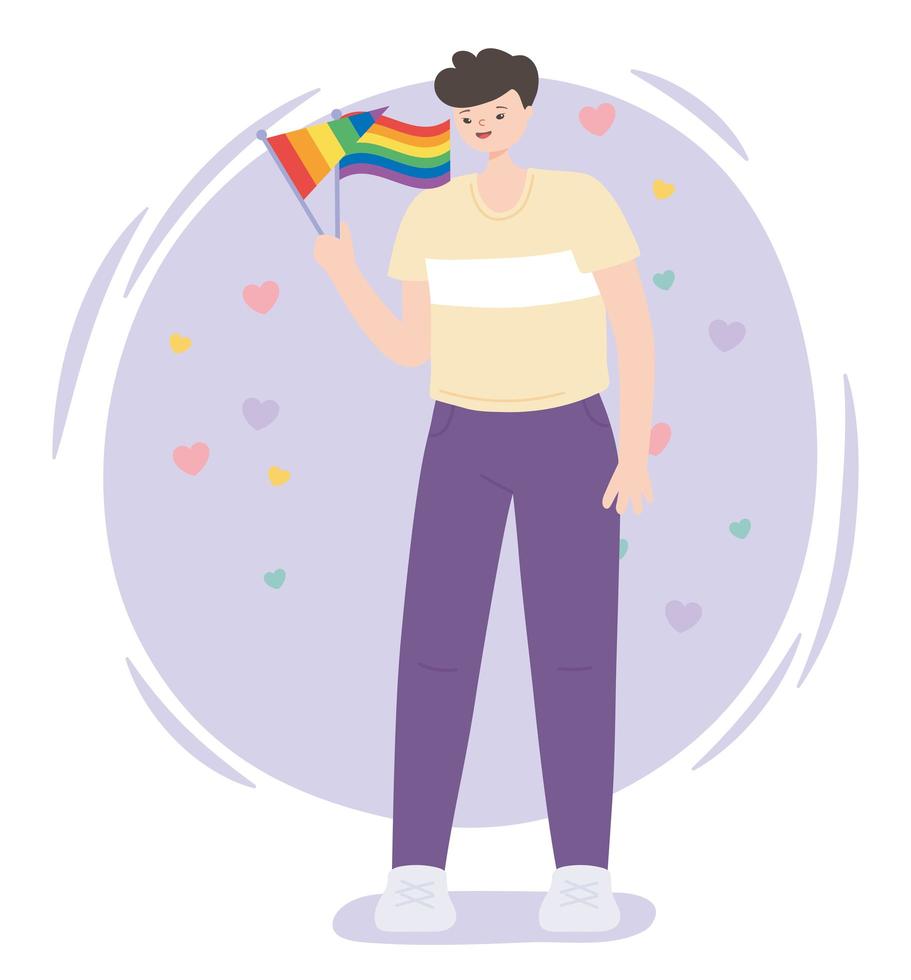 LGBTQ community, young man holding rainbow flags, gay parade sexual discrimination protest vector