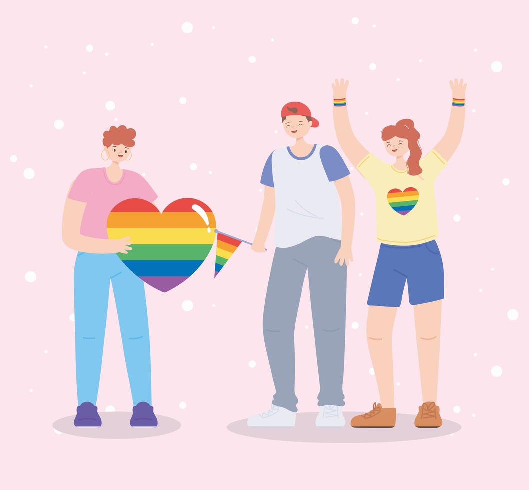 LGBTQ community, celebrating group young people with heart flag rainbow, gay parade sexual discrimination protest vector