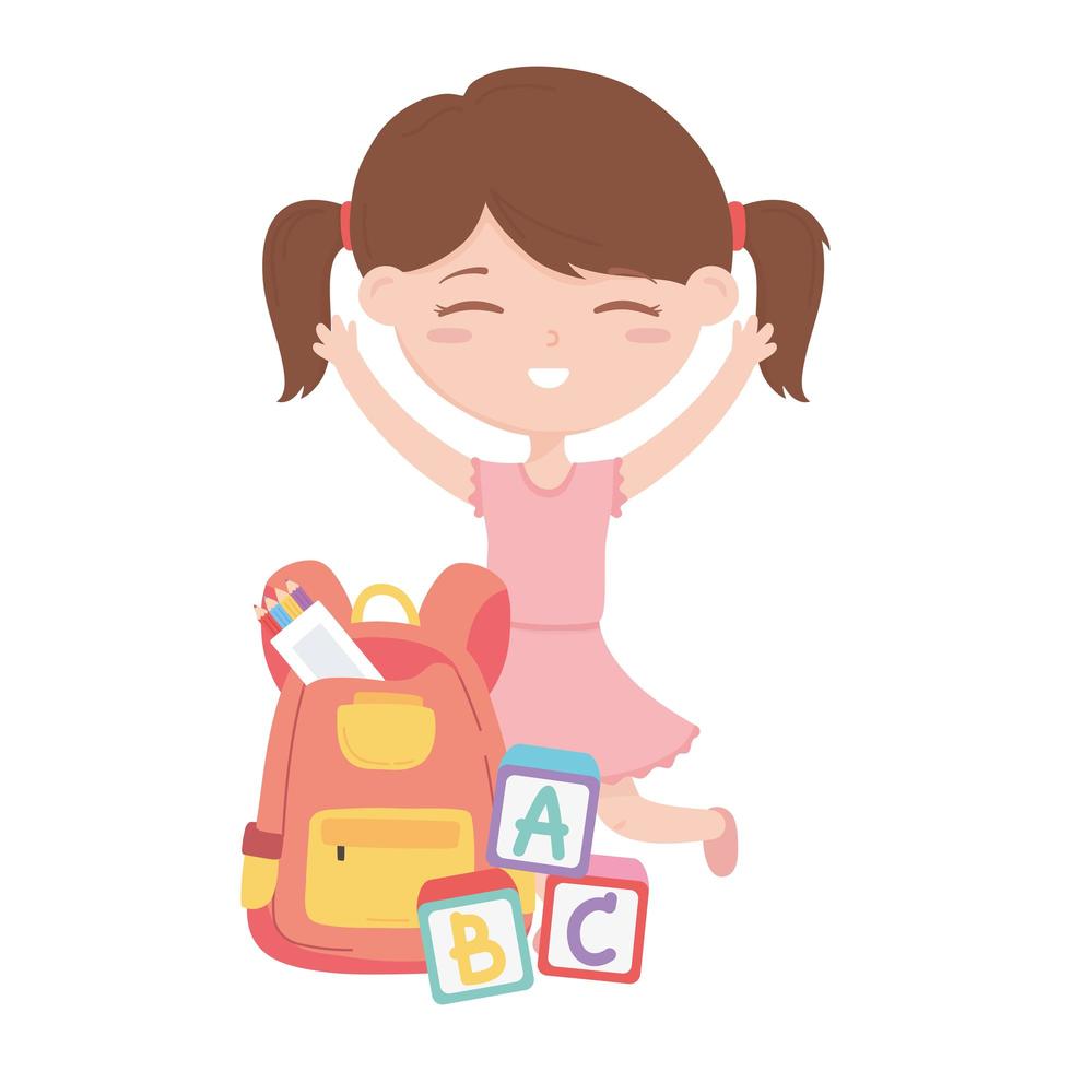 back to school, student girl with backpack blocks education cartoon vector