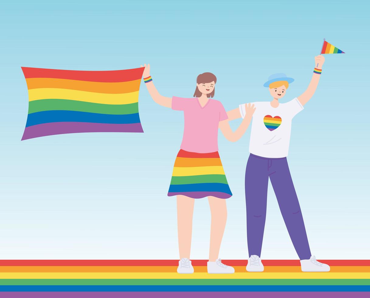 comunidad lgbtq, gente con ropa y banderas de colores del arco iris, desfile gay protesta por discriminación sexual vector