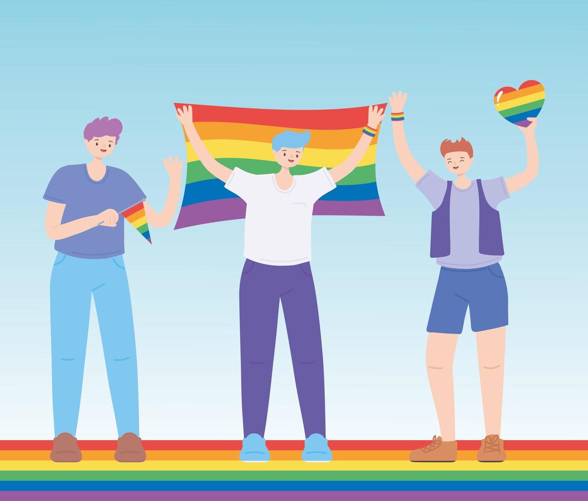 LGBTQ community, young men character with rainbow flags, gay parade sexual discrimination protest vector