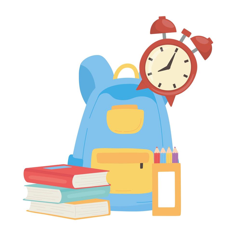 regreso a la escuela, mochila, libros, reloj y lápices de colores, dibujos animados educativos vector