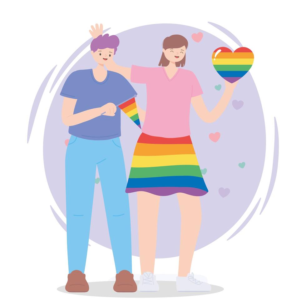 comunidad lgbtq, lesbiana con falda y corazón arcoiris y hombre con bandera, desfile gay protesta de discriminación sexual vector
