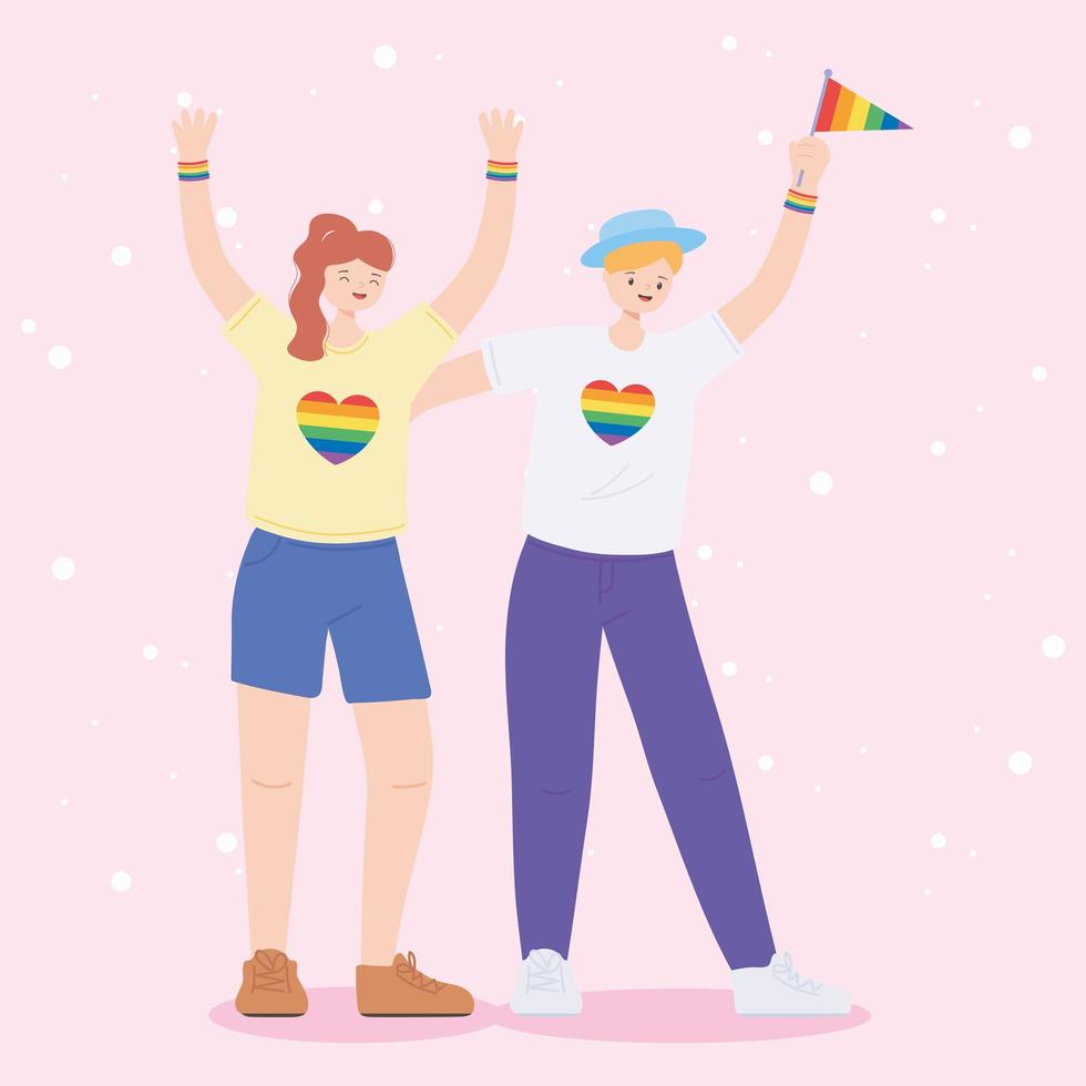 LGBTQ community, young lesbian women celebrating cartoon, gay parade sexual discrimination protest vector